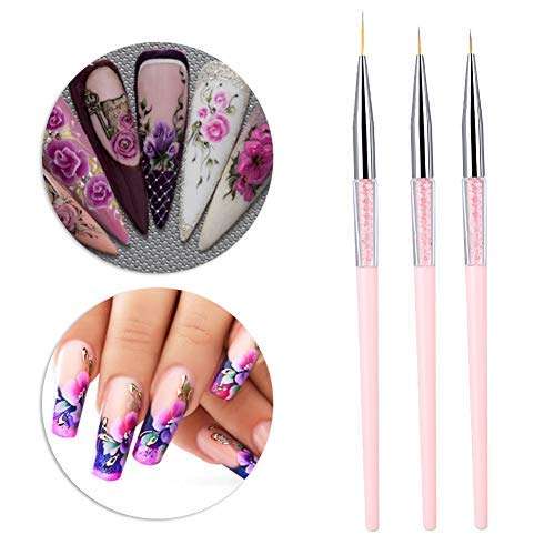 HURRISE Nail Art Liner Brushes, 3pcs Nail Art Pen Nail Art Dotting Liner Brush UV Gel Painting Pen Drawing Tool Set Rhinestone Handle(Pink) 2