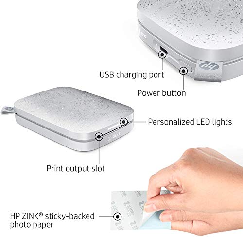 HP Sprocket Photo Printer, (2nd Edition) Print Social Media Photos on 2x3 Sticky-Backed Paper (Luna Pearl) + Photo Paper (50 Sheets) + USB Cable + 60 Decorative Stick-On Border Frames 3