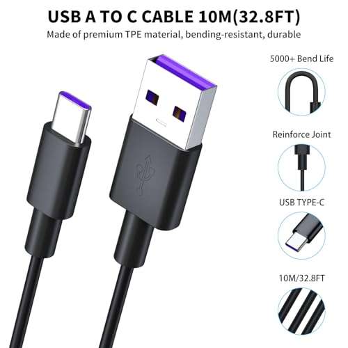 USB to USB-C Camera Charging Cable 10m, Power Extension Cable for Vimtag Mini G3 Xiaomi Smart Camera C400 C500 Pro, Type C Charger Cord with 10 Wire Clips for Security Camera Outdoor/Indoor Black 3