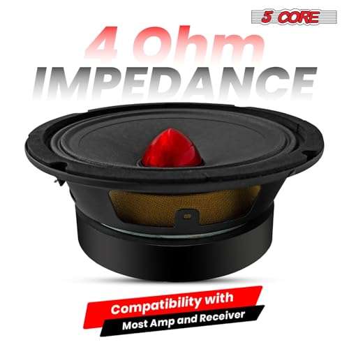 5 CORE 6.5 Inch Subwoofer Speaker 360W Mid Range Car Sub Woofer Speakers w Red Aluminum Bullet 4 Ohm Deep Bass Replacement Subwoofers for Auto Vehicle Truck - MR 6.5 BLT R 4oHM 4