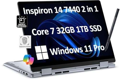 Dell Inspiron 14 7440 2-in-1 Business Laptop (14" FHD+ Touchscreen, Intel Core 7 150U(> i7-1355U), 32GB RAM, 1TB SSD) Backlit KB, FP Reader, FHD Webcam, IST Active Pen, Win 11 Pro w/AI Copilot, Blue 1