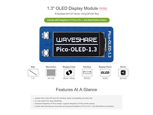 TOP1 1.3 Inch Raspberry Pi Pico OLED Display Module 64×128 Pixels I2C/SPI Communication Built-in SH1107 Driver Chip Black/White 6
