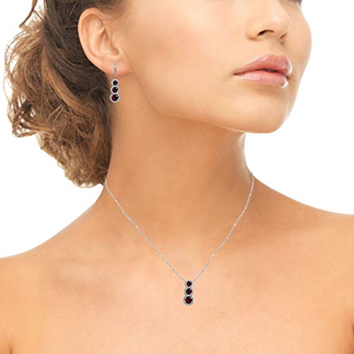 GemStar USA Sterling Silver Synthetic Ruby Journey Halo 3-Stone Pendant Necklace & Leverback Earrings Set for Women 3