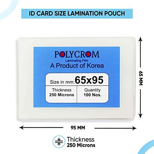 Polycrom Korean 250 Microns (ID Card Size 65mm X 95mm) Lamination Pouch Clear Glossy Thermal Transparent Waterproof 100 Sheets (Home&Office):Identity Card 2