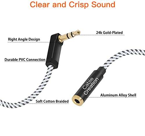 CableCreation Headphone Extension Cable, 3.5mm Male to Female Stereo Audio Extension Cable/90 Degree Right Angle Aux Cable with Gold Plated Connector, 1.5 Feet… 2