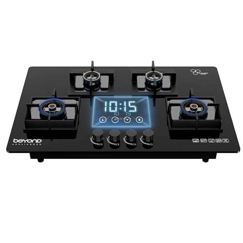 Beyond Appliances Dorado 4 Burner Smart Glass Hobtop Gas Stove | Auto Ignition | Digital Timer | Flame Failure Device | Toughened Glass | LPG & PNG Compatible 1