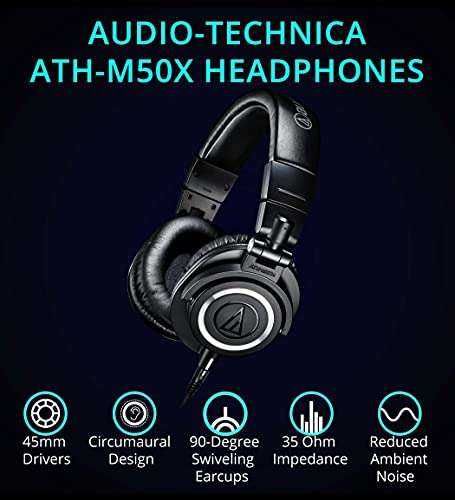 Audio-Technica ATH-M50x Professional Studio Monitor Headphones (Black) Bundle with Blucoil 4-Channel Headphone Amplifier, Aluminum Headphone Hook, and Slappa Full-Sized HardBody Pro Headphone Case 2