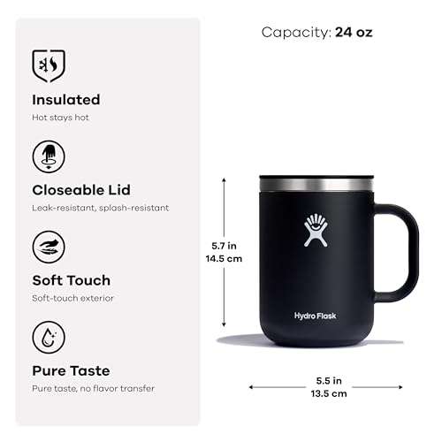 Hydro Flask Coffee Mug – Insulated Stainless Steel, Non Spill, Leak Proof Travel Mug 24 Oz Black 5