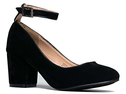 J. Adams Ankle Strap Pump Heel -Comfortable Round Toe Dress Block Shoe - Darling Black Suede 1