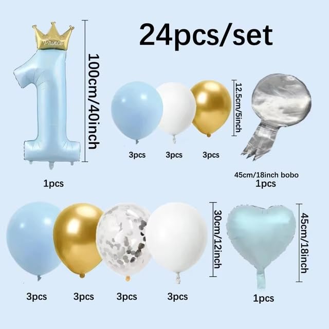 Atpata Funky Jumbo Number 1 Balloon with Crown for Baby 1st Birthday – 24pcs Complete Balloon Set with Bobo, Heart & Confetti Balloons for Prince Princess Theme Party Decoration (Blue) 4