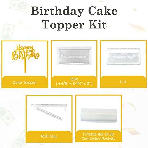 The Money Cake - Money Cake Pull Out Kit Includes 1 Money Box 1 Plastic Roll 50 Transparent Bag Connected Pocket, and Happy Birthday Cake Topper for Birthday Parties 2