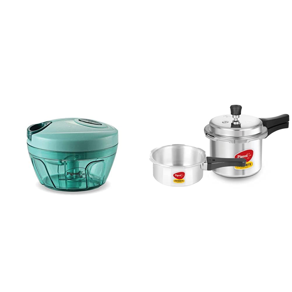 Pigeon by Stovekraft New Handy Mini Plastic Chopper with 3 Blades, Green & Mini Combi Aluminium Cookware Set, 2-Pieces (2+3 litres), Silver Combo 1