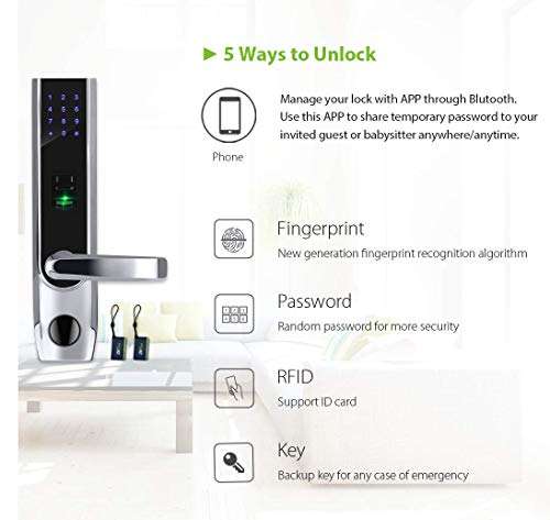 ZKTeco TL400B Fingerprint Biometric Door Lock with APP Digital Keyless Bluetooth Locks Smart Home Entry + 5pcs RFID Cards,Left Handed 4
