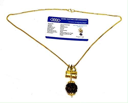 MAHANT JI Gold Plated Trishul Damru 5 Mukhi Rudraksha Locket With Chain For Men And Women Lab Certificate, Gangajal And Chandan From Kashi 2