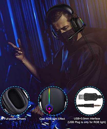 Gaming Headset Headphones with Microphone for Nintendo Switch Xbox One PS4, 4 Speaker Drivers Wired Headset with RGB Light, Noise Canceling Bass Surround Soft Memory Earmuffs for PC Controller PS5 5