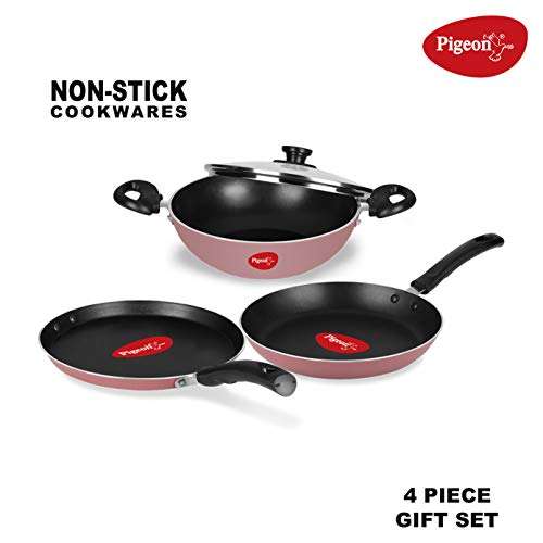 Pigeon by Stovekraft Basics Aluminium Non-Stick Cookware Set, Set of 3 (with one lid), Pink & Favourite 3 Burner Line Cook Top Stove, Black Combo 2