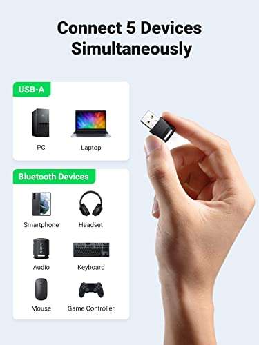 UGREEN USB Bluetooth Adapter for PC Bluetooth 5.0 Dongle Receiver Support Windows 11/10/8.1/7 Desktop Laptop Compatible with Headphones Printer Speaker Mouse Keyboard PS4/ Xbox Controllers 3
