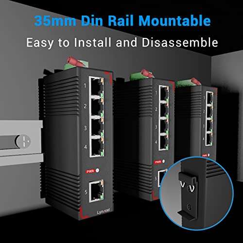 Lynxcel 5 Port Industrial Ethernet Switch,Aluminum Din Rail 60W gigabit Switch,IP30 Outdoor Network Switch Suitable for Security System/Mining etc(-40 to 185°F),Plug and Play with UL Power 5