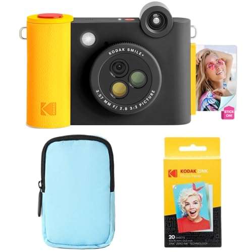 KODAK Smile+ 2-in-1 Digital Instant Print Camera & Wireless Bluetooth Photo Printer Starter Bundle + Deluxe Case + Zink 20pk Sticky-Back Photo Paper - 10MP, Special-Effect Rotating Lens - Black 1