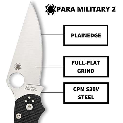 Spyderco Para Military 2 Signature Left-Handed Knife with 3.42" CPM S30V Steel Blade and Durable G-10 Handle - PlainEdge - C81GPLE2 3