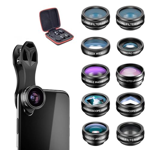 Apexel APL-DG10 10 in 1 Cell Phone Camera Lens Kit Wide Angle Lens & Macro Lens+ Fisheye Lens+Telephoto Lens+CPL/Flow/Radial/Star Filter+Kaleidoscope 3/6 Lens for iPhone Samsung Sony, Black 1