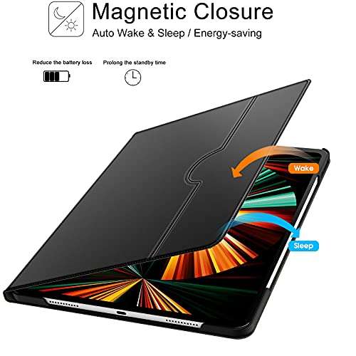 Soke for New iPad Pro 12.9 Case 5th Generation 2021, Premium Leather Stand Folio Case with Pocket[2nd Gen Apple Pencil Charging+Auto Wake/Sleep], Hard PC Back Cover for iPad Pro 12.9 Inch(Black) 5