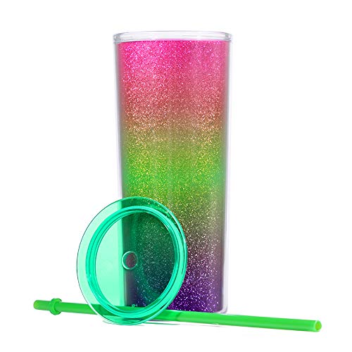Home Tune Rainbow Tumbler with Straw, Sand Flow Glitter Double Wall Acrylic Cup Tumbler, 21 oz / 640ml (Green) 3