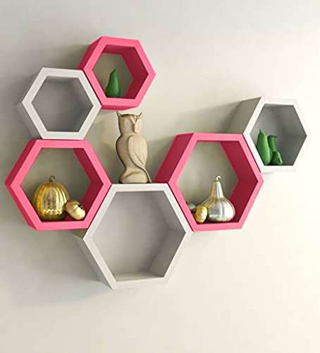 HOS Hexagon Wall Shelves Wooden Shelf Home Decor Items Rack for Living Room, Bedroom, Kitchen Corner, Office and More (Set of 6 | Size- Standard - (Coffee, Orange, Multicolor) 2