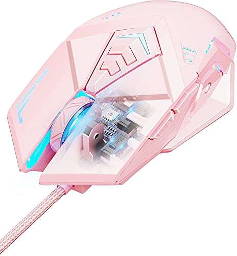 INPHIC Pink Gaming Mouse. USB Optical Wired Mouse. RGB Backlight. 4 Levels Adjustable DPI up to 4800. Silent Click, Ergonomic and 7 programmable Buttons Design. PC Gaming Mice for Windows System. 3