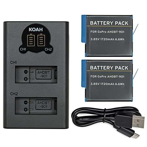 Koah Pro 2-Pack Rechargeable Lithium-Ion Battery Kit for GoPro HERO10/9 Black with Koah Dual Battery LCD Charger, Compatible but not Official GoPro Hero Action Camera Accessory, Includes USB-C Cable 5
