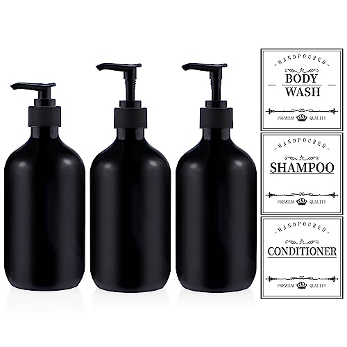 Shampoo Conditioner Body Wash Dispenser – Kimqi 3 Pack 16oz Shower Bottles Refillable with Labels – 500ML Reusable Shampoo Soap Bottles – Black Body Wash Conditioner with Pump 2