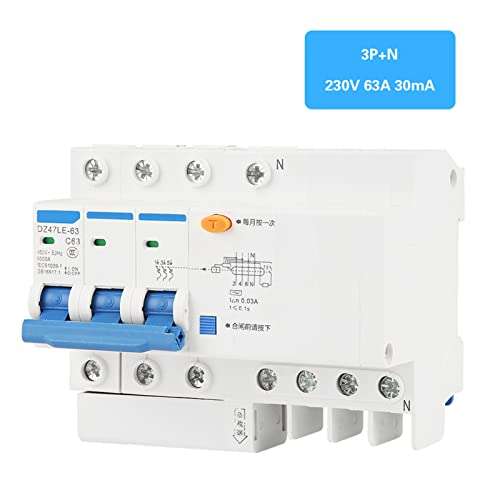 Residual Current Circuit Breaker, DZ47LE-63 3P + N C63 RCCB Air Switch with Short Circuit Protection, Electrical Leakage, Overload, for 230V Circuit 63A 30mA ZozCgkdz 4