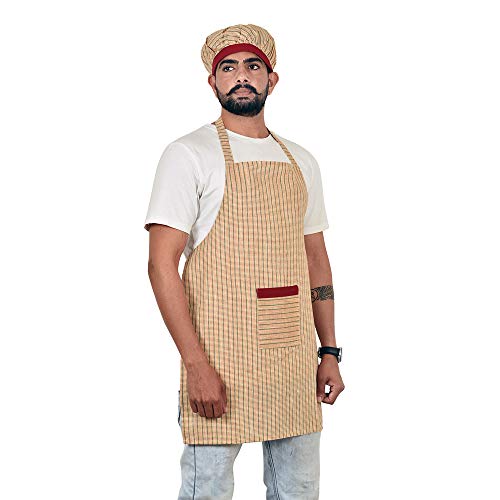 The Fineworld Cotton Designer Striped Unisex Aprons with Cap, Front Pocket for Kitchen, Hotel, Restaurant (Red, 29x23 Inch) 5