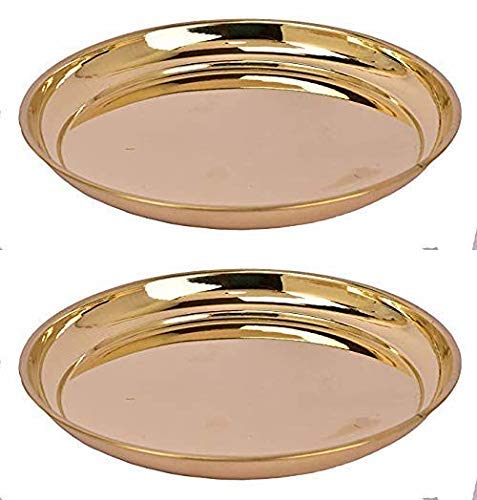 Keshav MUKUT Handmade Pure Brass Pooja Plate-(6 Inch, Gold) Set of 2 1