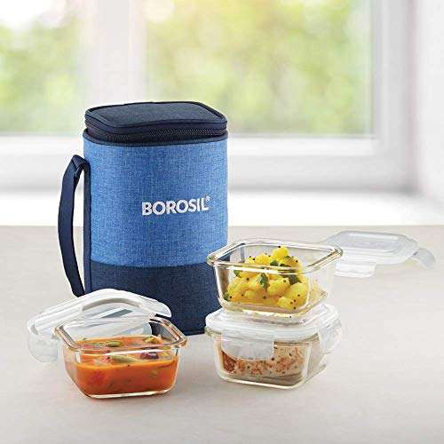 Borosil - Prime Borosilicate Glass Lunch Box Set of 3, 320 ml, Square, Microwave Safe Office Tiffin, Blue, Transparent 2