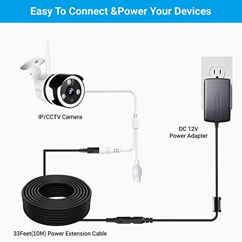 33FT 2.1mm x 5.5mm DC 12V Power Extension Cable 12 Volt Power Supply Adapter Extension Cord Female to Male Plug for CCTV Security Camera 4