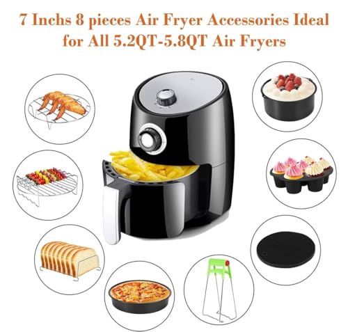 Air Fryer Accessories 7 Inch 8-piece Set, Fit All 3.2qt-6.8qt Air Fryers,Air Fryer Accessories 8 Pcs Kits with Skewers Silicone Mat,Non-Stick, Dishwasher Safe,Universal 2