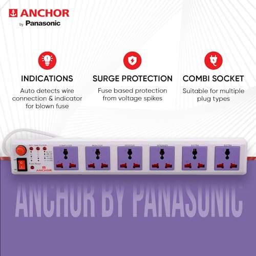 Anchor by Panasonic 6 way Universal Socket with Single Switch | 6 Way Extension Board with 1.5 Mtr Extension Cord | Multi Plug Socket for Home Wall, Office (22579) 2