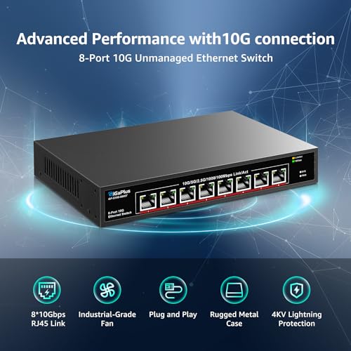 8 Port 10Gb Ethernet Switch Unmanaged, 8X 10Gbe Base-T Ports, GiGaPlus 10G Network Switch for 10Gbps NAS, PC, WiFi7 Router, 10Gbps Adapter/NIC. Desktop/ 19-inch Rack Mount, Plug and Play 4