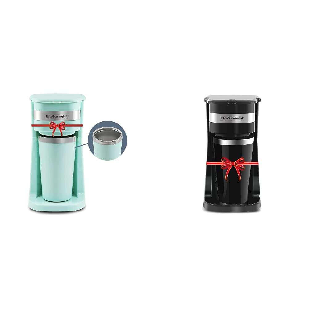 Elite Gourmet Personal Single-Serve Coffee Makers with 14Oz Stainless Steel Travel Mugs, Compatible with Coffee Grounds, Reusable Filters, Mint and Black 1