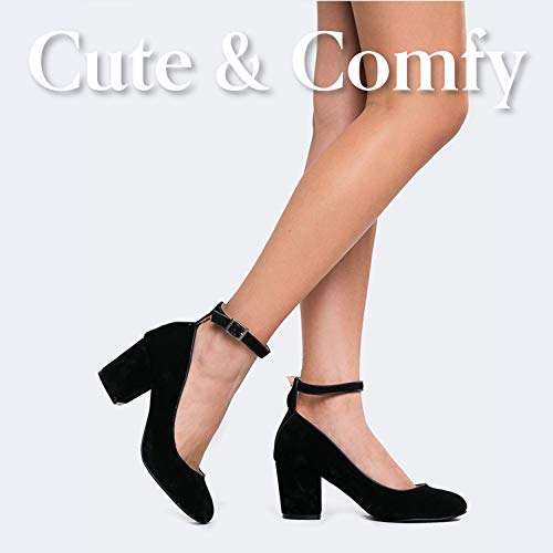 J. Adams Ankle Strap Pump Heel -Comfortable Round Toe Dress Block Shoe - Darling Black Suede 4