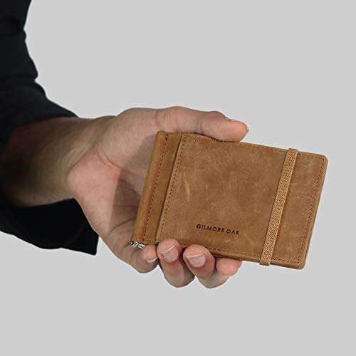 GO Gilmore Oak Maddox Bifold Spring Tension Money Clip Wallet | Elastic Closure Full Grain Oil Pullup Leather with Credit Card Slots (Sand Tan) 5