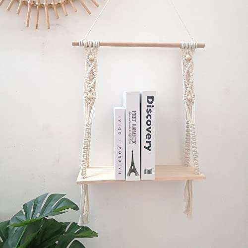 Kevadia Macrame Wall Hanging Shelf Cotton Rope Natural Pine Wood Swing Triangle Floating Shelf Modern Boho Decor for Living Room Dorm Bathroom Office Balcony 20inch L x 12 inch W 1