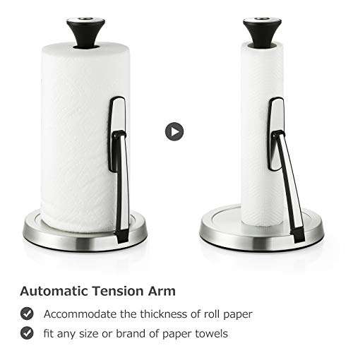 Paper Towel Holder, Lycklig Tension Arm Kitchen Roll Dispenser Stainless Steel Paper Towel Holder Stand with Weighted Base, Ideal for Kitchen & Dining Room 3
