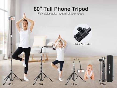 elitehood 80” Tall Phone Stand Tripod, Floor Phone Recording Stand, Heavy Duty Adjustable iPhone Tripod Stand Compatible with iPhone 15 14 13 12 3