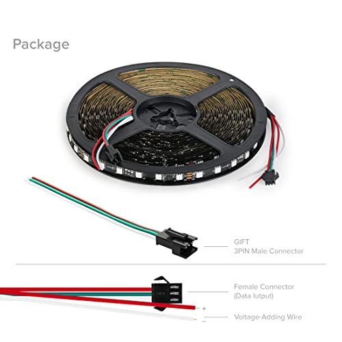 BTF-LIGHTING WS2811 DC24V 32FT Addressable RGB LED Strip 600LEDs 100Pixels Dream Color Black PCB IP30 Non-Waterproof Works with Arduino/Respberry/etc Prevent Voltage Droping(No Adapter or Controller) 6