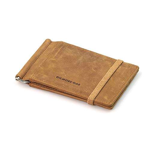 GO Gilmore Oak Maddox Bifold Spring Tension Money Clip Wallet | Elastic Closure Full Grain Oil Pullup Leather with Credit Card Slots (Sand Tan) 2