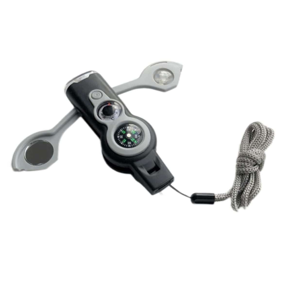 Emergency Whistle 7-in-1 Camping Safety Whistle with Compass Thermometer Light Magnifier Mirror for Emergency Gray. 4