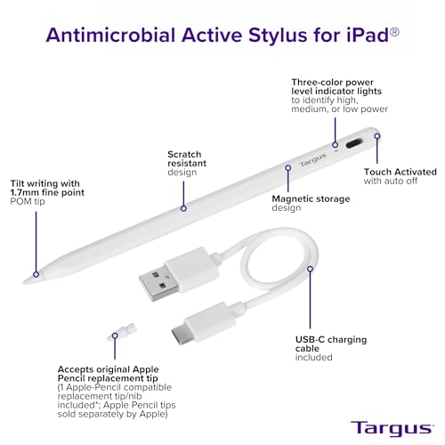 Targus Active Stylus for iPad - Take Notes, Doodle and Navigate Seamlessly, 1:1 Apple Pencil Size and Accepts Original Apple Pencil Replacement Tip (AMM174AMGL) 3