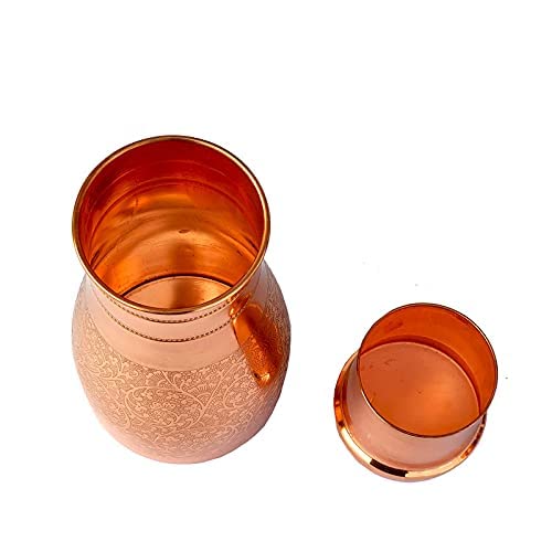 Copper World™ 100% Pure Copper Bedroom 1000 ml Water Bottle with Inbuilt Glass, Hammered Matt Finish for Drinkware and Storage Purpose Leak Proof Lid & Ayurvedic Health Benefits 5